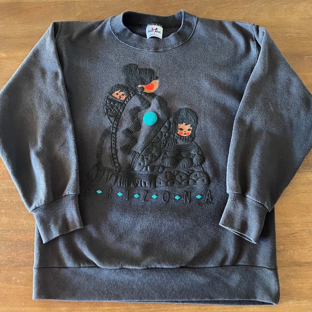 VTG Tee Jays USA Made Arizona Native American‎ Embossed Sweatshirt Black Small